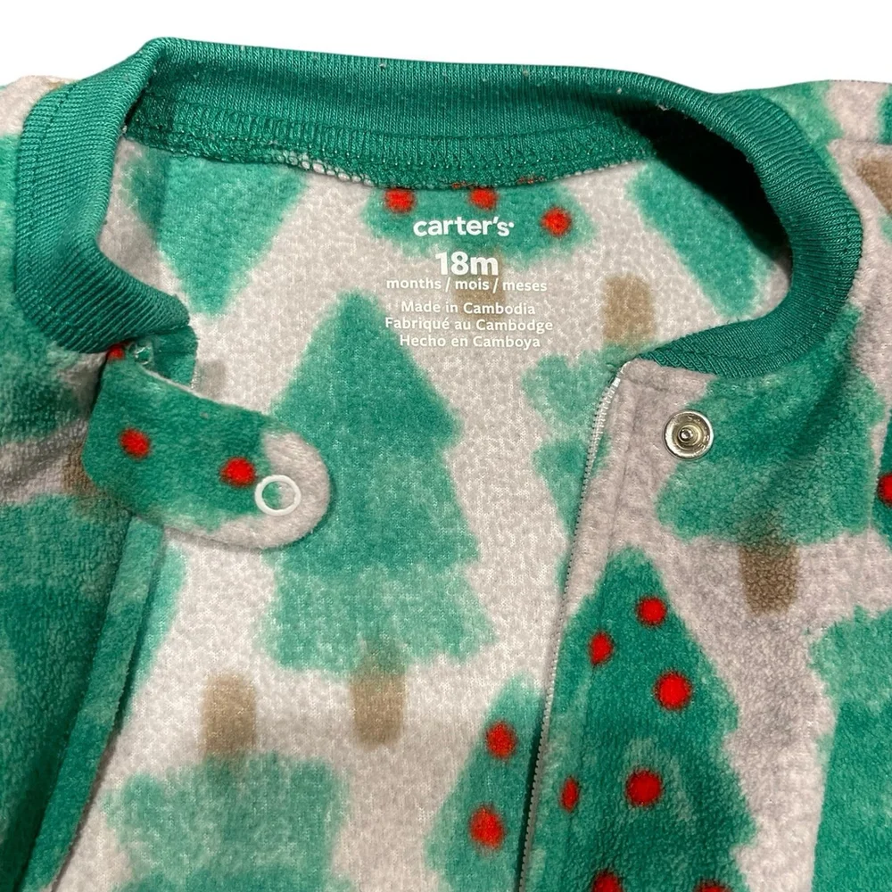 Carter's Christmas Tree Print Fleece One Piece Pajama Zip Footed Green 18 Months